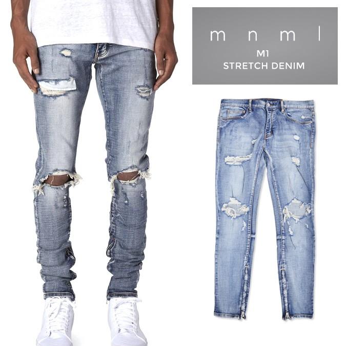 mnml ミニマル M1デニム M1 Stretch Denim Blue ジーンズ デニムパンツ ストレッチ ダメージ加工 スリム テーパード スキニー 裾ジップ メンズ｜buddy-stl