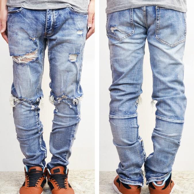 mnml ミニマル M1デニム M1 Stretch Denim Blue ジーンズ デニムパンツ ストレッチ ダメージ加工 スリム テーパード スキニー 裾ジップ メンズ｜buddy-stl｜02