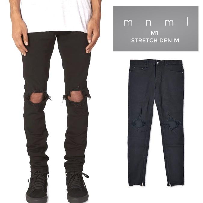 mnml ミニマル M1デニム M1 Stretch Denim Black ジーンズ デニムパンツ ストレッチ ダメージ加工 スリム テーパード スキニー 裾ジップ メンズ｜buddy-stl