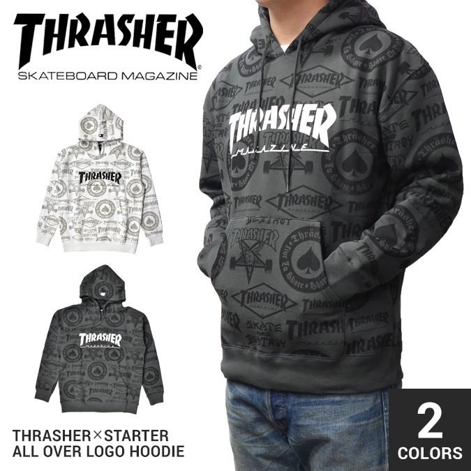 THRASHER × STARTER BLACK LABEL スラッシャー × スターター ALL OVER LOGO HOODIE プルオーバー パーカー スウェット フリース STTH-1008A クリアランス｜buddy-stl