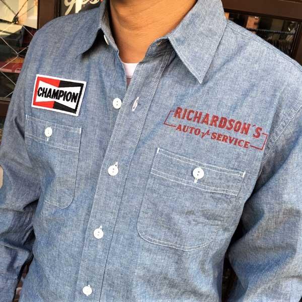 シャンブレーシャツ プリント入り RICHARDSON'S AUTO SERVICE
