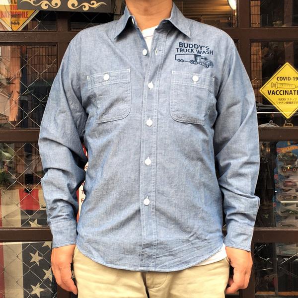 プリント入り シャンブレーシャツ TRUCK WASH サックスブルー BUDDY