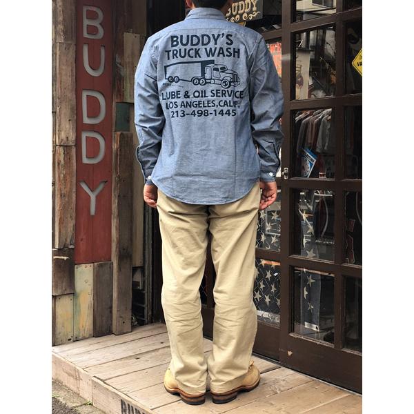 プリント入り シャンブレーシャツ TRUCK WASH サックスブルー BUDDY