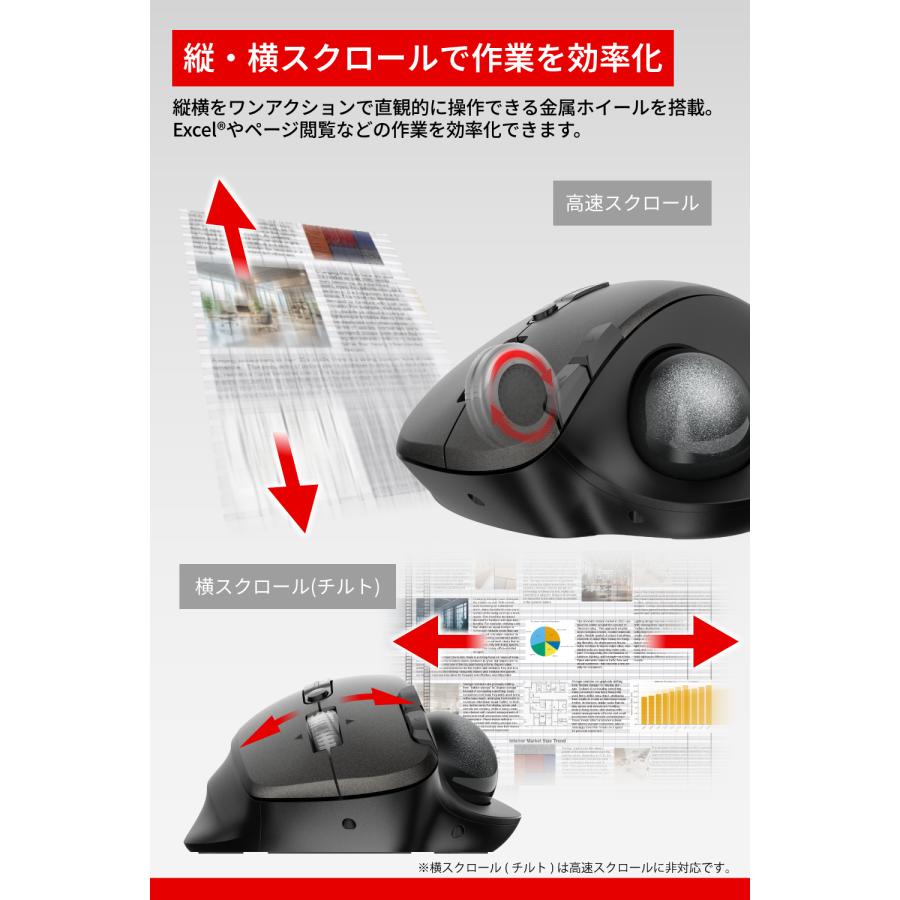 バッファロー トラックボール マウス ワイヤレス 無線 Bluetooth 5ボタン 静音 高速スクロール 横スクロール 同時接続 DPI グラファイトブラック BSTBB700BKX | BUFFALO | 04