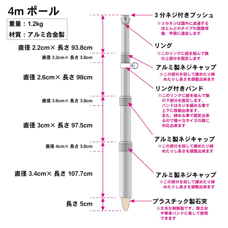 旗用 伸縮アルミポール 4m 4段伸縮 各種旗・幕・こいのぼりなどに