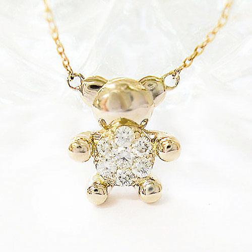 K18YG/PG/WG ダイヤモンド ネックレス 0.15ct クマ ベア 小ぶり