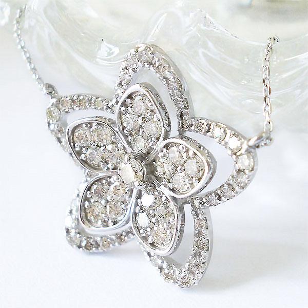 K18WG ホワイトゴールド ネックレス ダイヤモンド 1.00ct フラワー 花 天然ダイヤモンド １カラット ペンダント 記念日 プレゼント レディース ジュエリーの画像