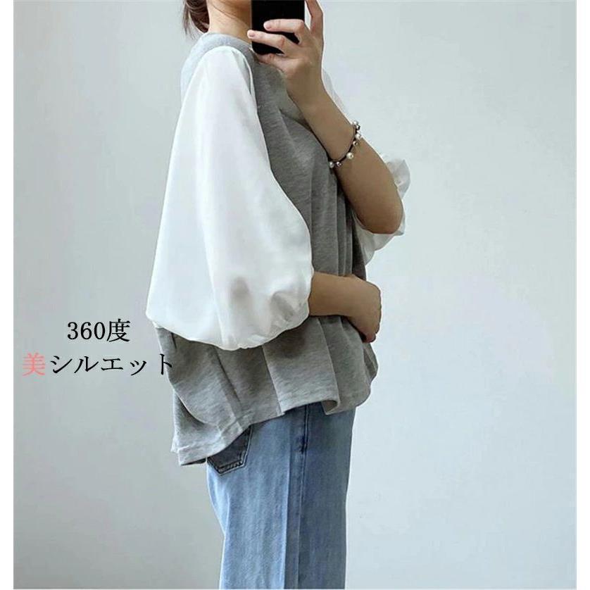 tシャツ 七分袖 レディース ブラウス 切替 ゆったり ボリューム袖 バルーン袖 ドッキング 重ね着 ドルマンスリーブ とろみ 無地 春夏 トップス 春夏 | ブランド登録なし | 07