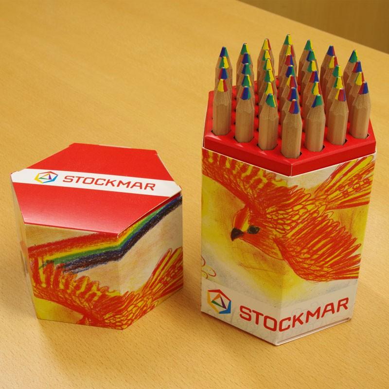 発色が良く、やわらかな色合い☆ 持ちやすい太い六角軸に4色がひとつになった芯 シュトックマー 4色色鉛筆37本ディスプレイボックス