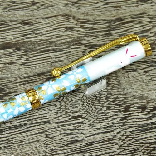 美濃和紙ボールペン うさぎ市松・水色 油性 和柄 伝統工芸品