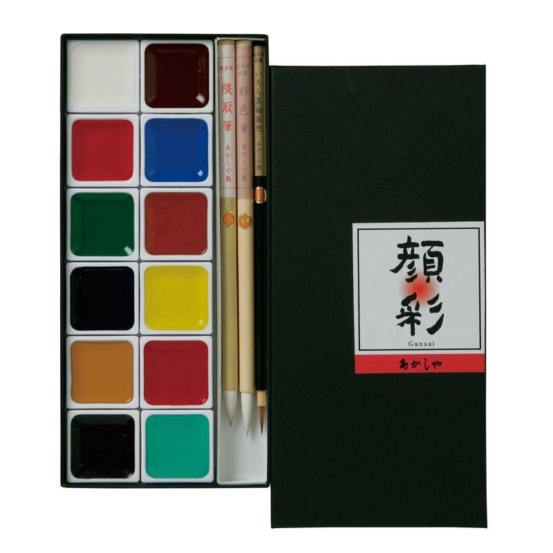 お取寄 あかしや 固形水彩絵の具 顔彩 絵手紙セット12色// メール便