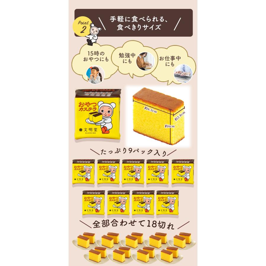 公式 文明堂 おやつカステラ 2切×9個入り 1箱  和菓子 個包装 プチギフト お菓子  カステラ おやつ 熨斗 スイーツ 父の日｜bunmeido-tyo｜04