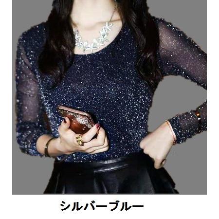 トップス カットソー キラキラ 輝く美光沢 ラメTシャツ 長袖 レディース ラウンドネック ストレッチ送料無料 |  | 10