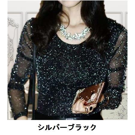 トップス カットソー キラキラ 輝く美光沢 ラメTシャツ 長袖 レディース ラウンドネック ストレッチ送料無料 |  | 12