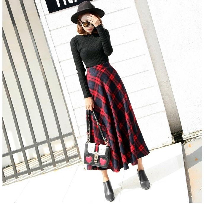 スカート チェック柄 ミモレ丈 フレア ロングスカート ハイウエスト 黒 赤 緑 マキシ丈 チェック送料無料 |  | 07