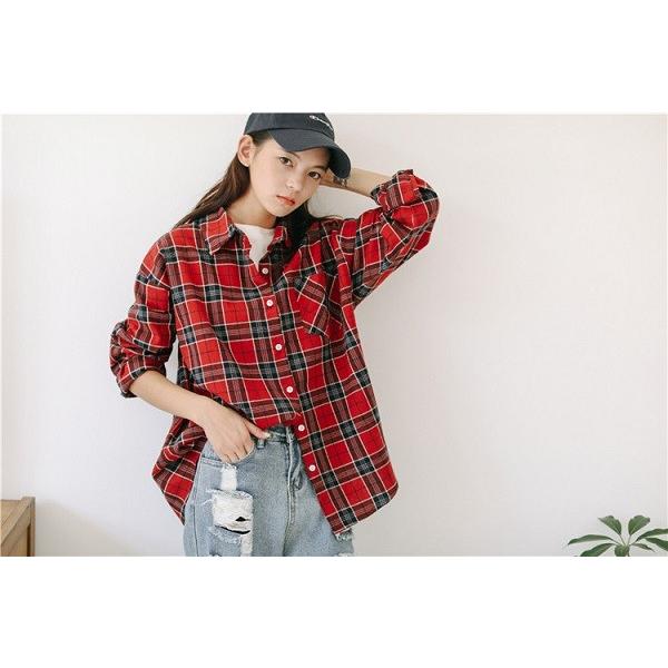 チェックシャツ タータンチェック 柄シャツ 長袖 綿 レッド ベージュ トップス シャツ ブラウス 送料無料 |  | 02