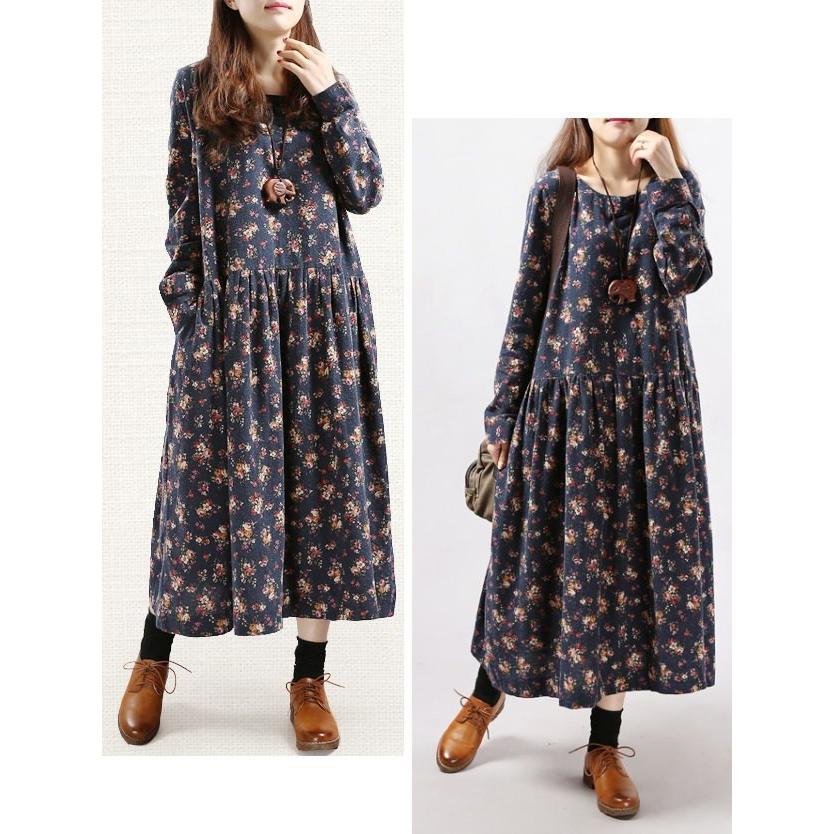 ロングワンピース 花柄 Aライン フレアワンピース ロング丈 麻 長袖 Aライン ゆったり 体型カバ送料無料 |  | 03