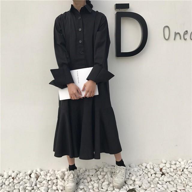 シャツワンピース ロング 黒 シャツ ワンピース 長袖 ブラック フリル ロングワンピ 送料無料 Ys0240 Fashion Mille 通販 Yahoo ショッピング