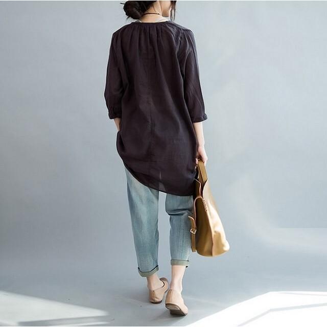 Vネック コットンチュニック ロングシャツ シャツ ブラウス ゆったり トップス 大人 送料無料 |  | 01