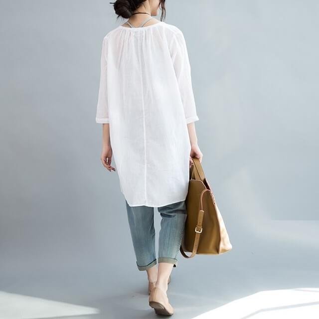 Vネック コットンチュニック ロングシャツ シャツ ブラウス ゆったり トップス 大人 送料無料 |  | 03
