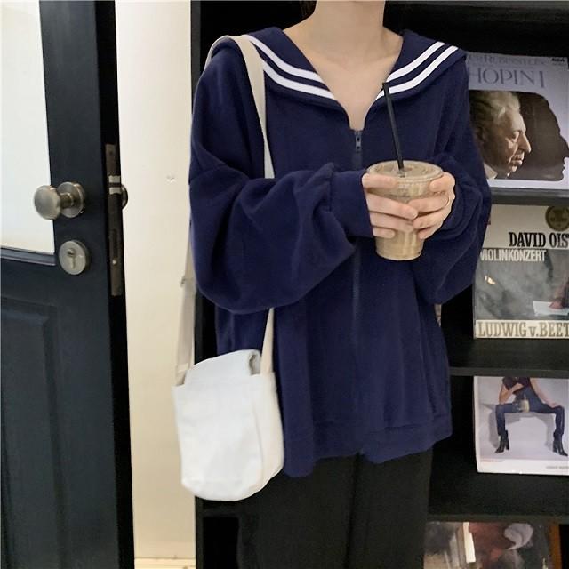 カジュアルカーディガン セーラーカラー カジュアル シンプル 無地 Vネック 前開き フロントジッパー送料無料 |  | 10