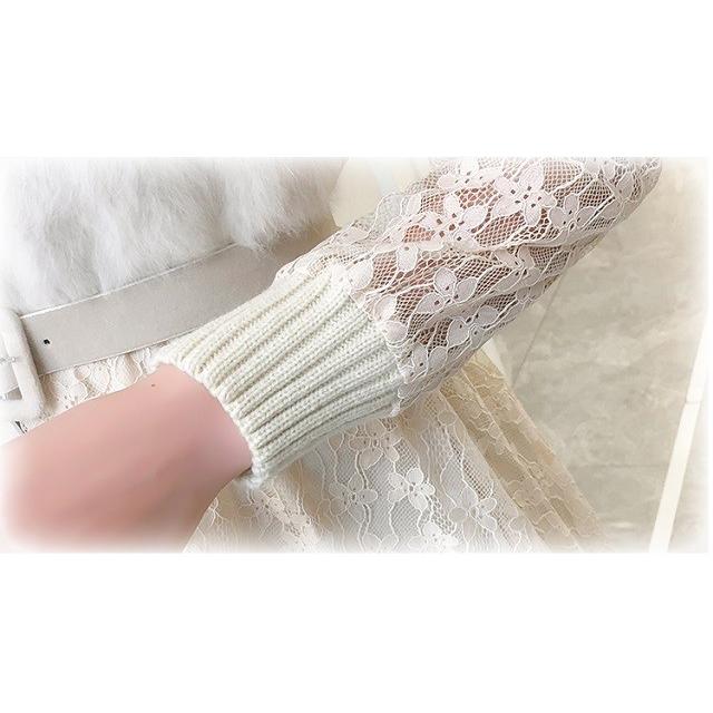 ワンピース レディース 2色 ワンピ レース ニット ミディアム丈 長袖 透け感 ベルト付き Aライン送料無料 |  | 12