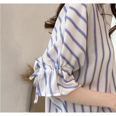 シャツ ブラウス フリル袖 ストライプ Vネック スキッパーシャツ 七分袖 体型カバー 春 夏   送料無料 |  | 05