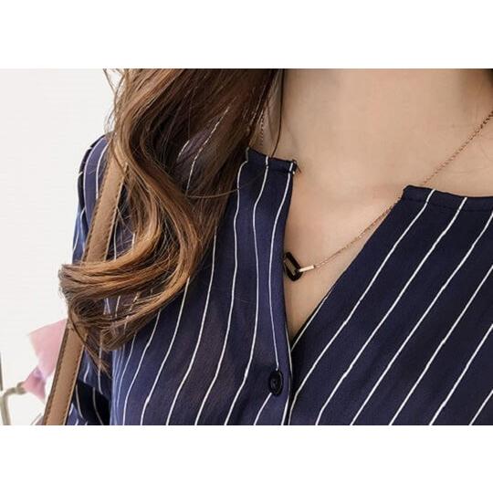 シャツ ブラウス ノーカラー ストライプ プルオーバー 七分袖 体型カバー 春 夏 レディース ゆったり送料無料 |  | 14