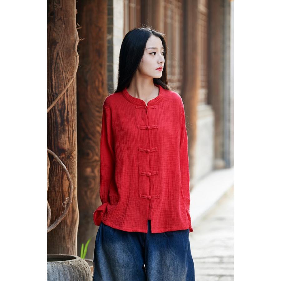 レディース リネン ブラウス 長袖 リネン混 麻混 トップス 春 薄手 ナチュラル服 チャイナ服風 送料無料 | 