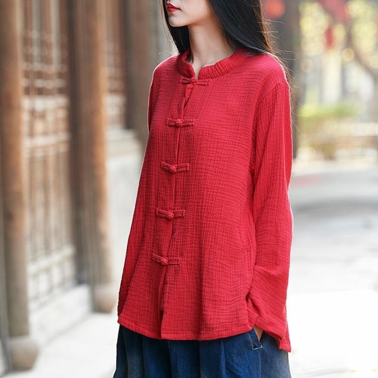 レディース リネン ブラウス 長袖 リネン混 麻混 トップス 春 薄手 ナチュラル服 チャイナ服風 送料無料 |  | 01