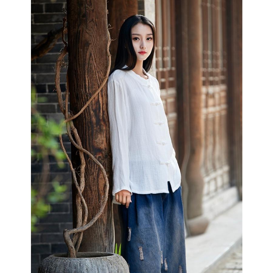 レディース リネン ブラウス 長袖 リネン混 麻混 トップス 春 薄手 ナチュラル服 チャイナ服風 送料無料 |  | 03