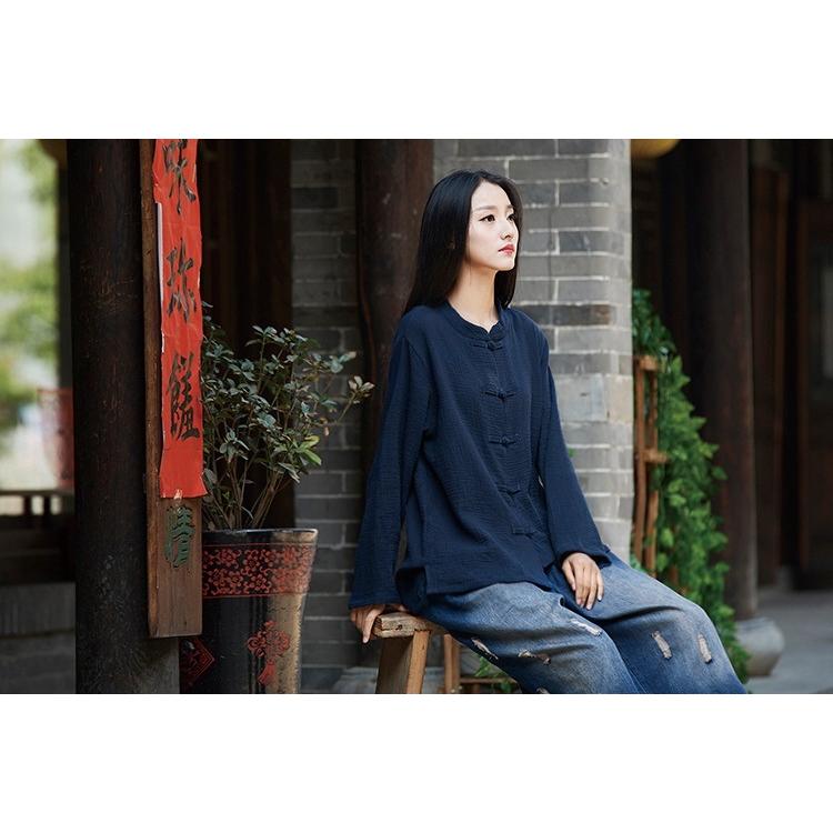 レディース リネン ブラウス 長袖 リネン混 麻混 トップス 春 薄手 ナチュラル服 チャイナ服風 送料無料 |  | 06