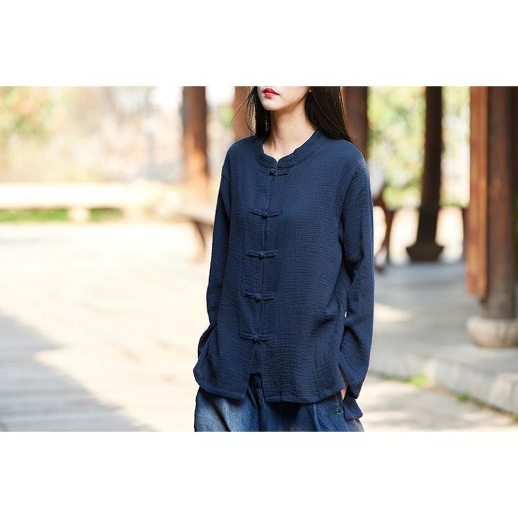 レディース リネン ブラウス 長袖 リネン混 麻混 トップス 春 薄手 ナチュラル服 チャイナ服風 送料無料 |  | 07