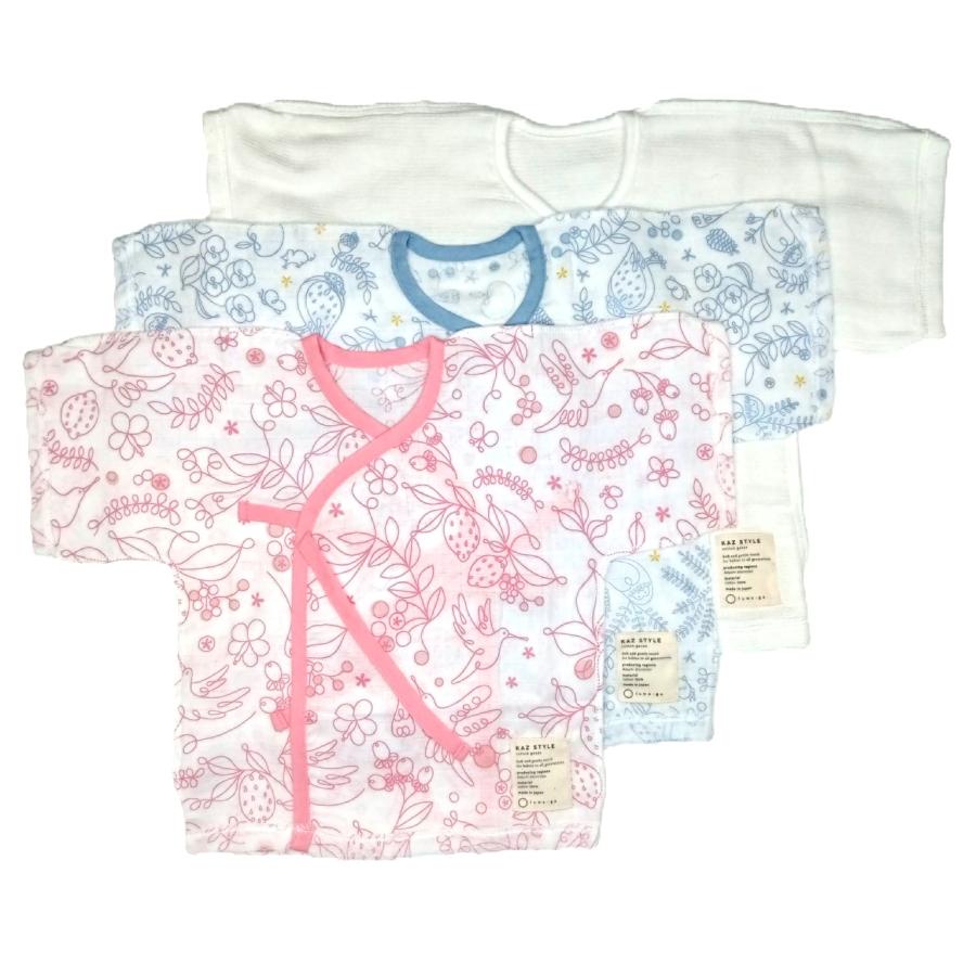 ベビーガーゼ短肌着 『ふわ〜が』日本伝統の和ざらし加工 ダブルガーゼ 可愛い森のなかまプリント柄 男の子女の子 綿100％ 日本製 サックス、ピンク、オフ白 | 