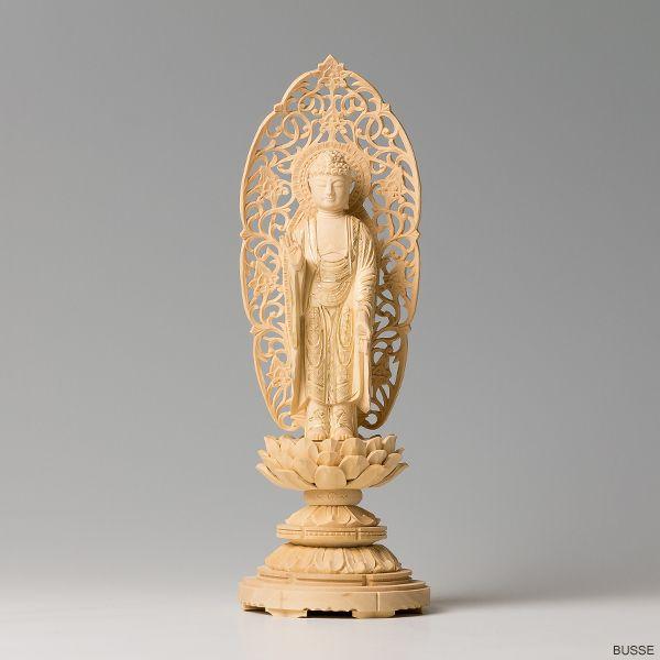 仏像 舟立阿弥陀如来 柘植製/ツゲ 丸座 3寸 金泥書 浄土宗・時宗 /あみ