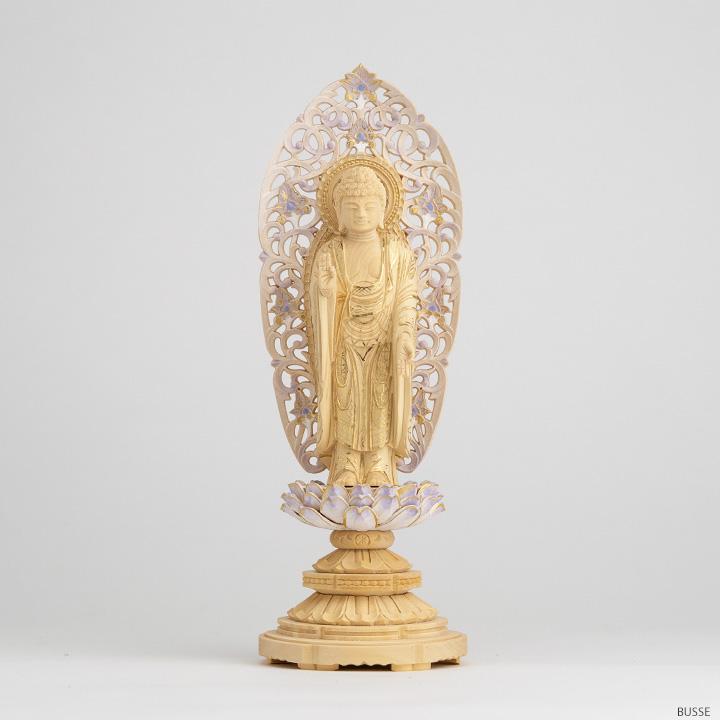 仏像 舟立阿弥陀如来 柘植製/ツゲ 丸座 3寸 金泥書 淡彩色 藤色 浄土宗 