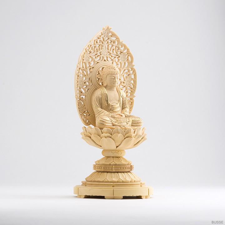 仏像 釈迦如来 座像 柘植製/ツゲ 丸座 2寸 金泥書 曹洞宗・臨済宗
