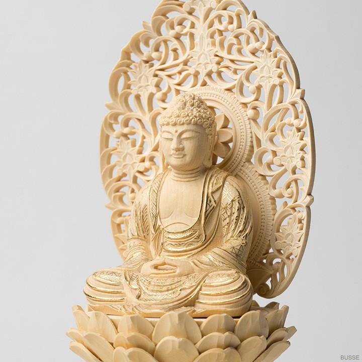 仏像 釈迦如来 座像 柘植製/ツゲ 丸座 2寸 金泥書 曹洞宗・臨済宗