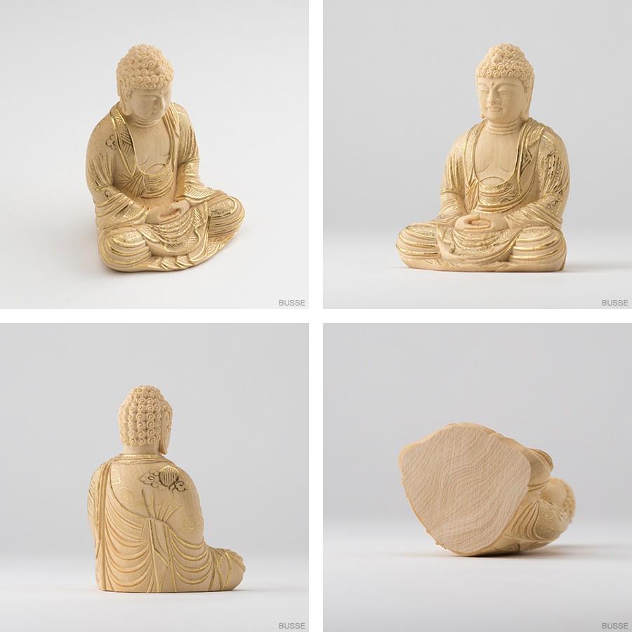 特別値下　仏像　柘植　木彫　座釈迦　台座付　飛天光背　アクリルケース付き　18 曹洞宗・臨済宗】柘植製 釈迦如来(座像/2.5寸) 八角台座 飛天光背 仏像