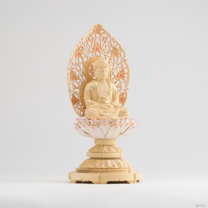 仏像 釈迦如来 座像 柘植製/ツゲ 丸座 2寸 金泥書 淡彩色 さくら色