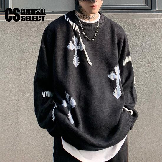 セーター メンズ ニットソー ロンT クロス 十字架 編み込み レース