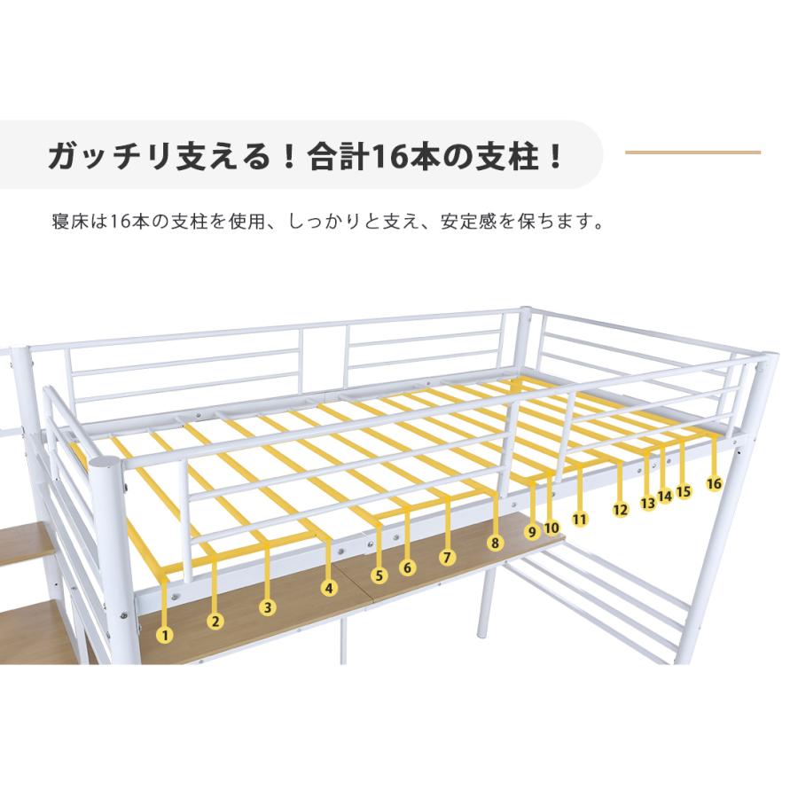 ロフトベッド （S）コンセント付き子供部屋 金属 耐震 おしゃれ 　WHITE BTM ロフトベッド 階段付き パイプベッド シングル コンセント付き