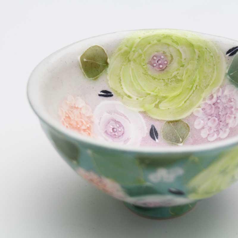 新品・未使用】工房ゆずりは 緑彩ローズ おしゃれ鉢 スープ碗 陶器 鉢