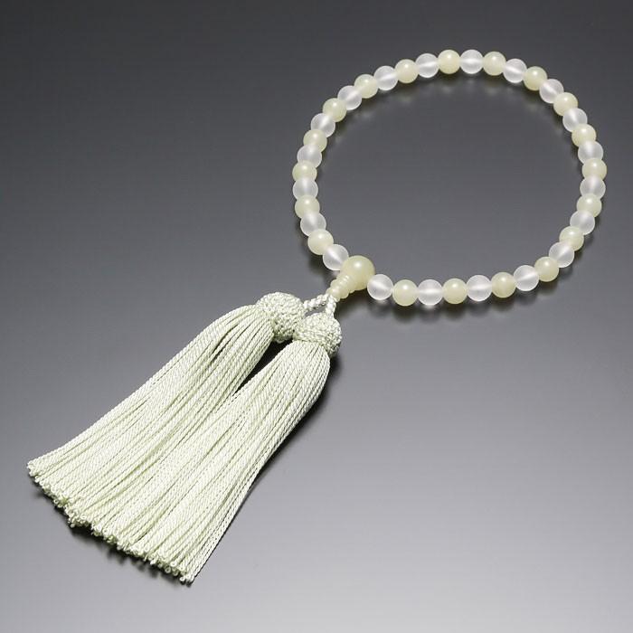 数珠 念珠 女性用 7ミリ玉 朝霧水晶 グリーンオニキス仕立 正絹房 天然石 7mm