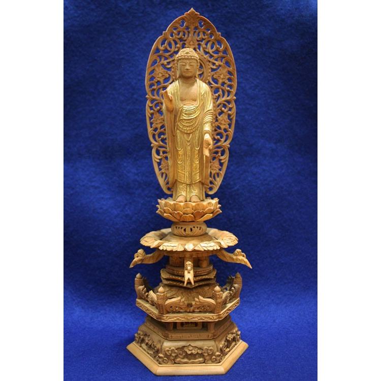 浄土宗 仏像 白檀 六角台座ケマン付 舟立弥陀 唐草光背 金泥書 5.0寸