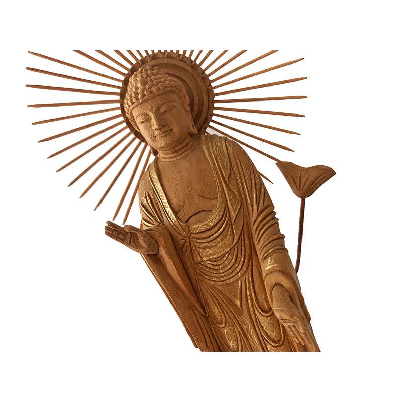 仏像 東立弥陀 楠木 六角台座 金泥書 5.0寸 真宗大谷派 東 楠木地彫 木彫_3