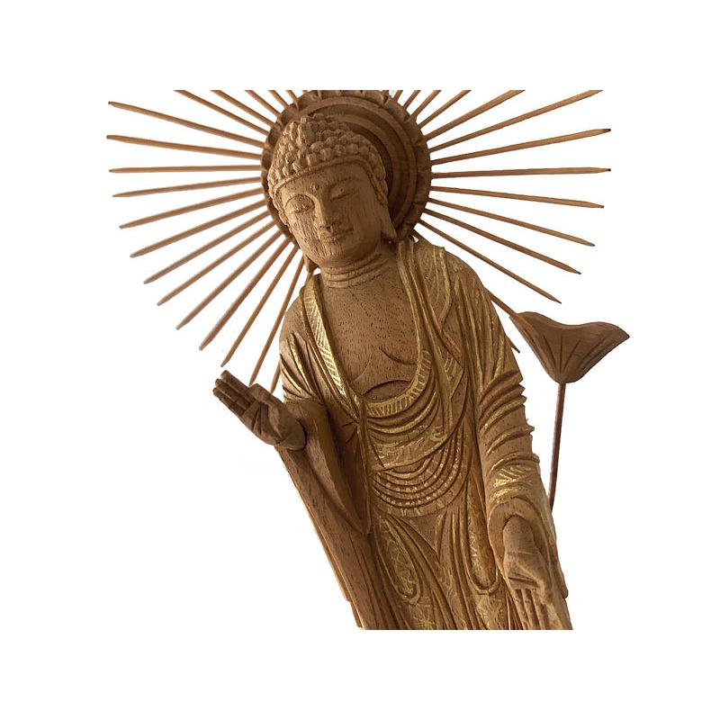 仏像 東立弥陀 楠木 六角台座ケマン付 金泥書 3.0寸 仏具 真宗大谷派 東 楠木地彫_1