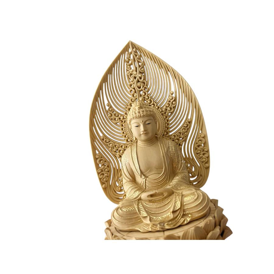 最終値下　柘植　仏像木彫　座釈迦　六角台座　飛天光背　切金淡彩　ケース付14 最終値下 柘植 仏像木彫 座釈迦 六角台座 飛天光背 切金淡彩 ケース