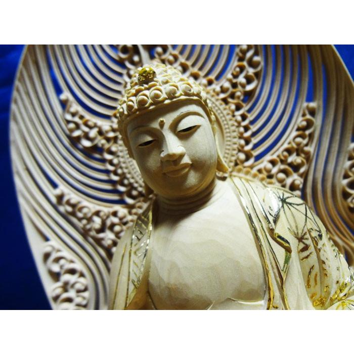 仏像 座弥陀 柘植 六角鬼面麒麟台座 水煙光背 眼入 仏切金 2.0寸