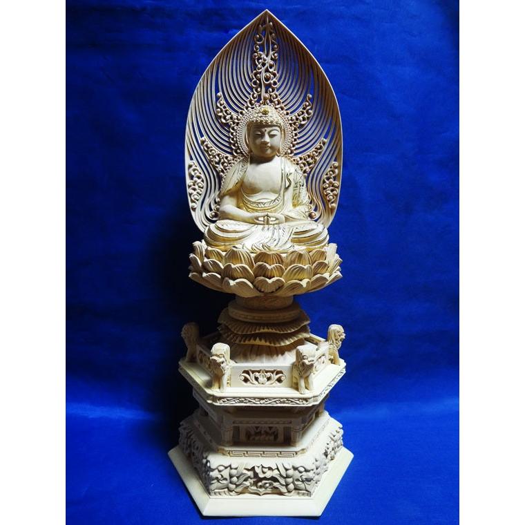 天台宗 仏像 柘植 六角鬼面麒麟台座 座弥陀 水煙光背 眼入 仏切金 2.5寸